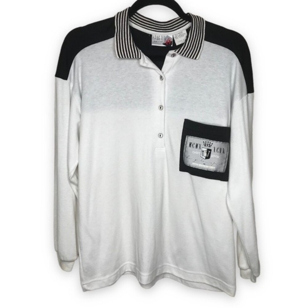Vintage Hang Ten Long Sleeve Polo Style Black White Pullover Surf Skate Small